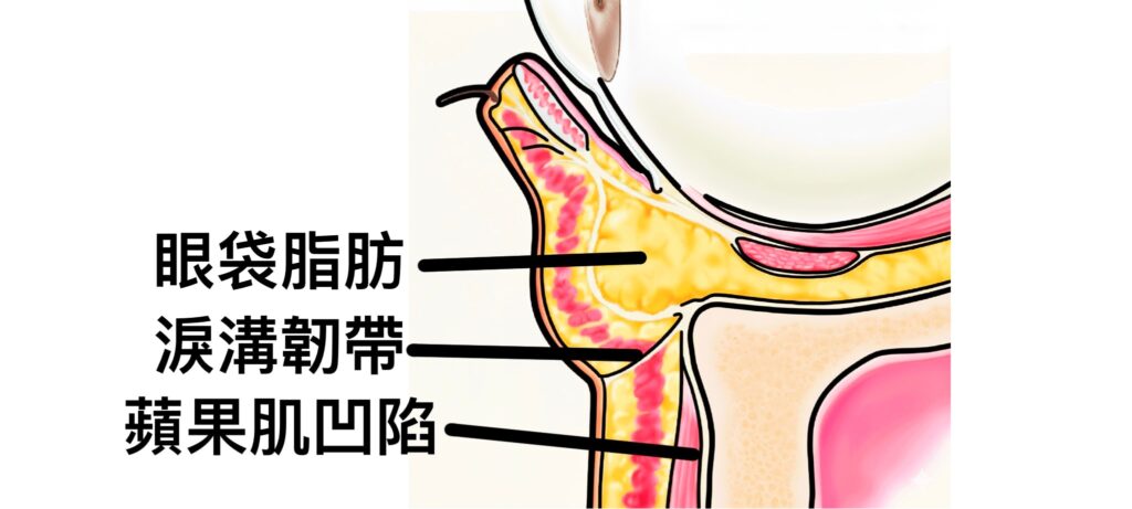 淚溝是正常韌帶構造，是眼袋膨出造成相對凹陷