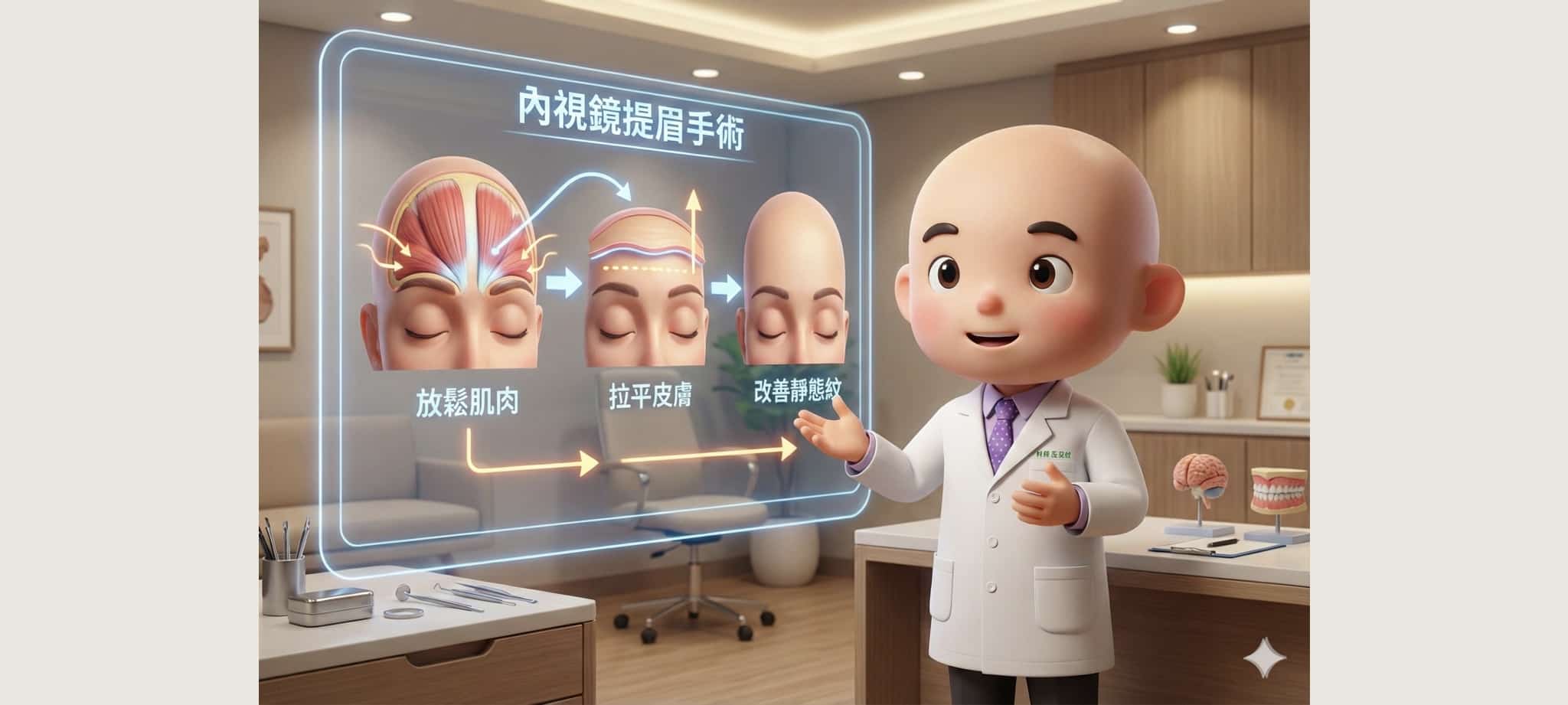 肉毒除皺沒效?台南葉亘耕醫師解析:當抬頭紋、靜態紋出現,內視鏡提眉才是根治關鍵 2 內視鏡提眉藉由放鬆肌肉 拉平皮膚改善靜態紋