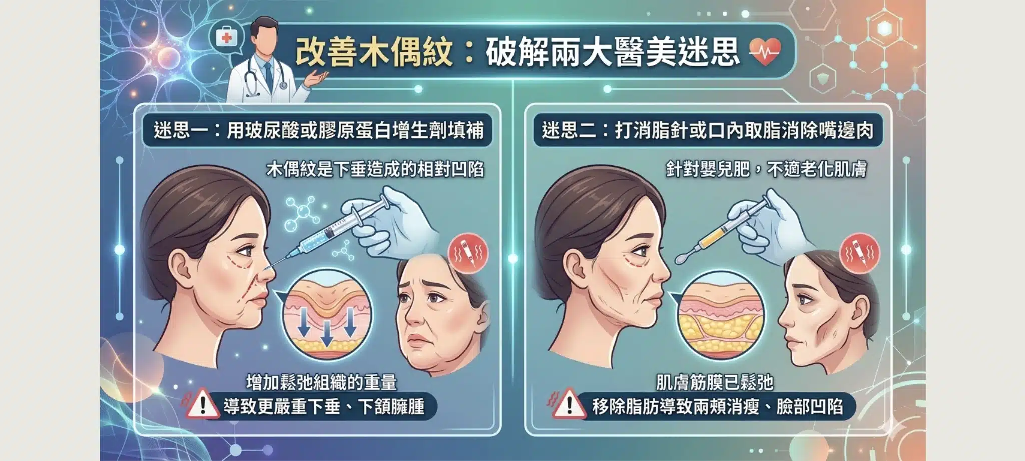 木偶紋是什麼?如何消除?整形外科醫師揭開木偶紋與嘴邊肉的下垂真相 2 改善木偶紋不應該填充注射或是消脂針