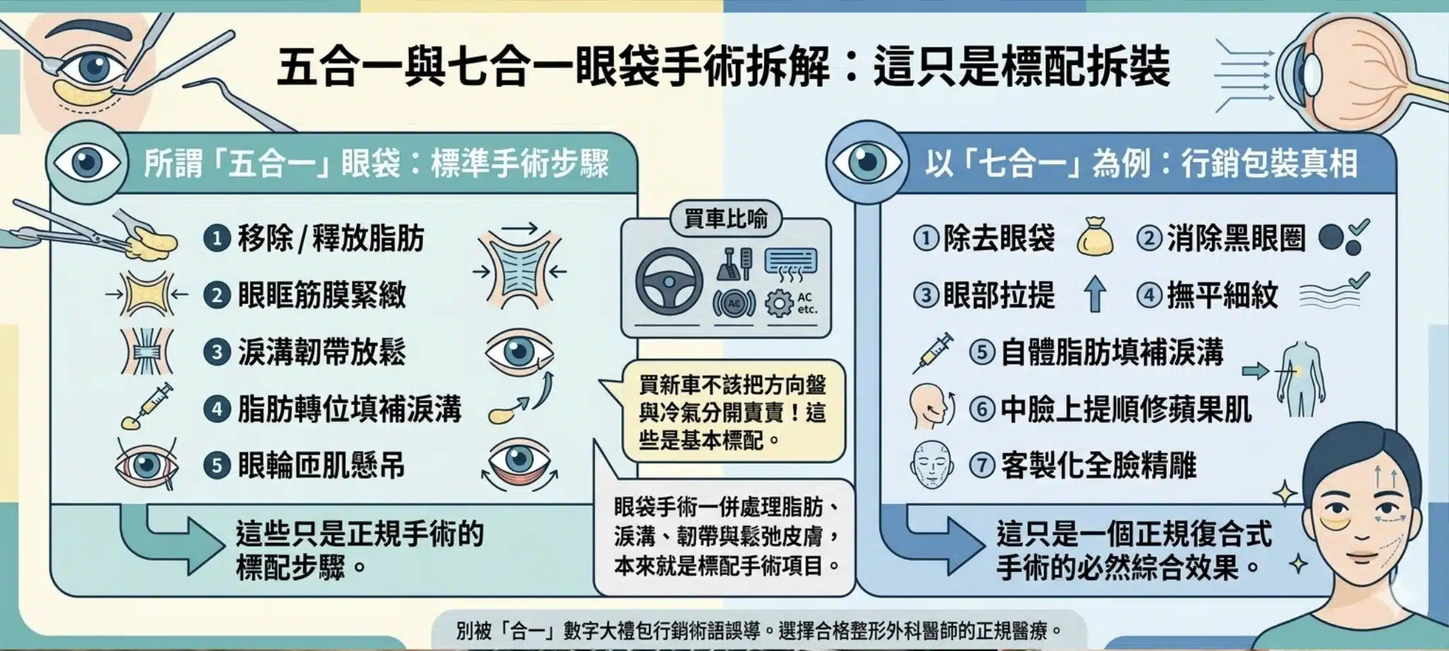 眼袋手術大解密!五合一眼袋、無痕眼袋是什麼?整形外科醫師教你破解網路術語 3 五合一、七合一眼袋只是標準眼袋手術加上補脂