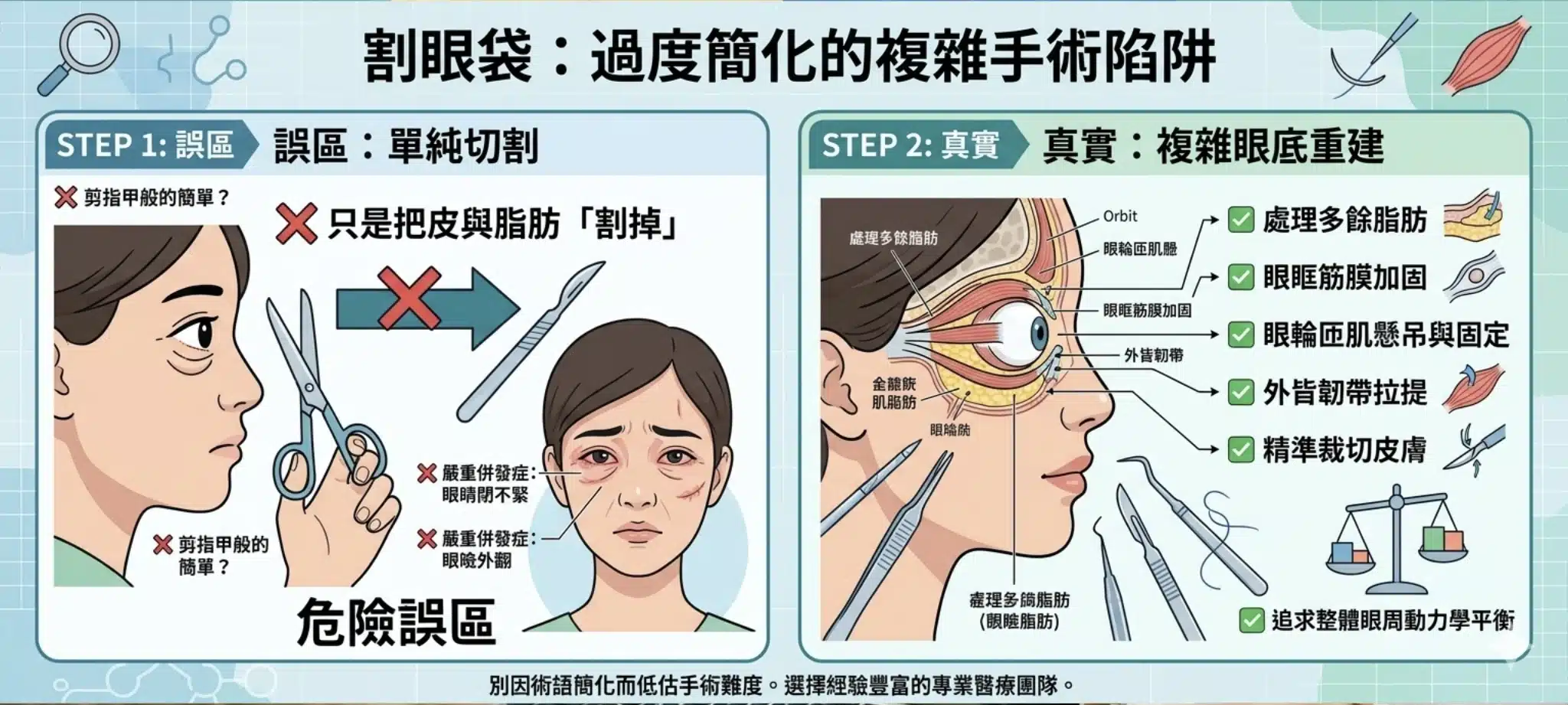 眼袋手術大解密!五合一眼袋、無痕眼袋是什麼?整形外科醫師教你破解網路術語 2 割眼袋是將眼袋外開手術過於簡化的說法