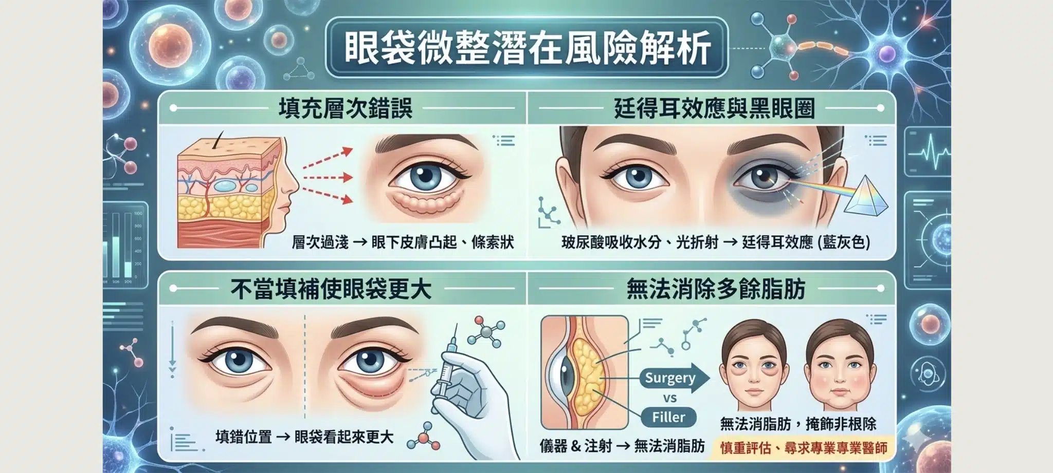 眼袋微整有用嗎?專業醫師解析眼袋的成因與不動刀改善效果 2 眼袋微整潛在風險