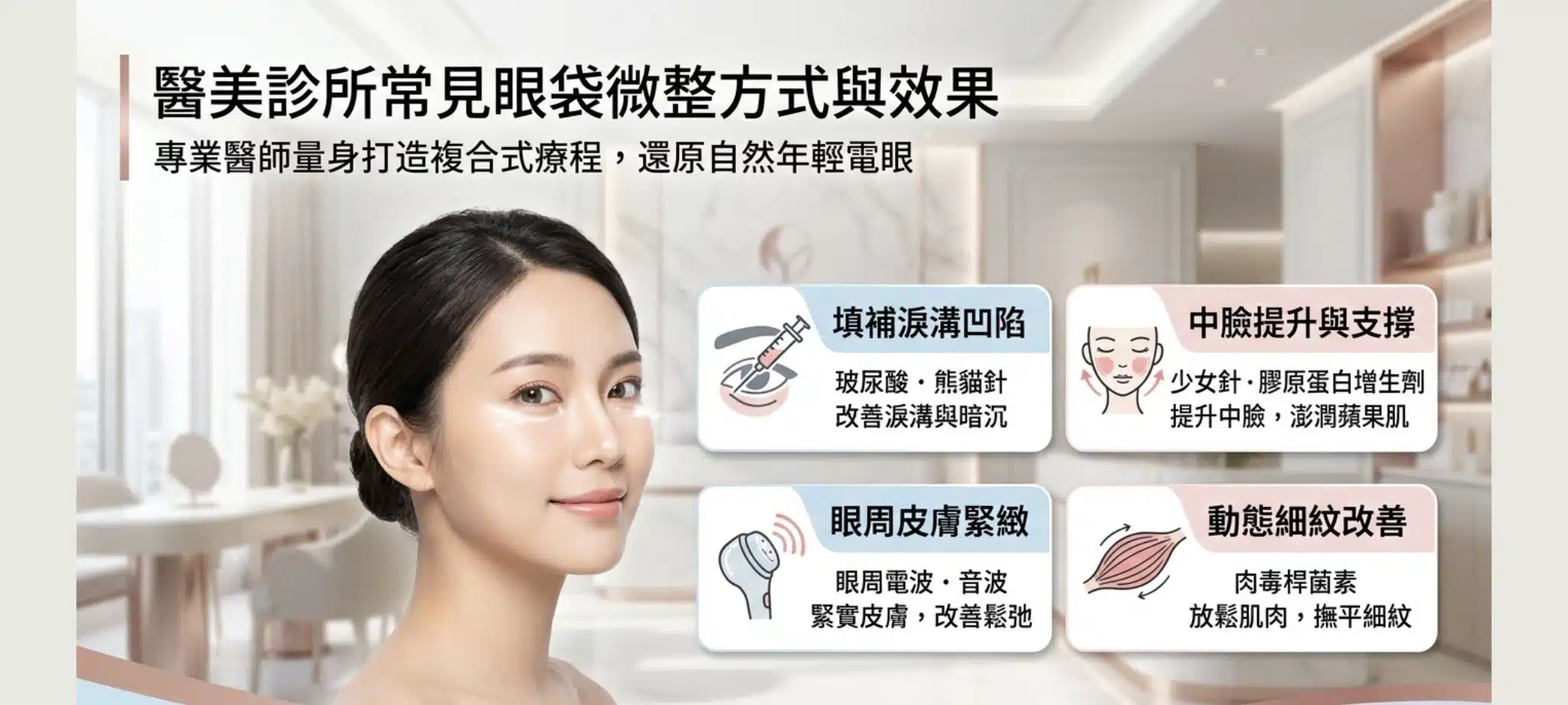 眼袋微整有用嗎?專業醫師解析眼袋的成因與不動刀改善效果 1 醫美診所常見的眼袋微整治療方案