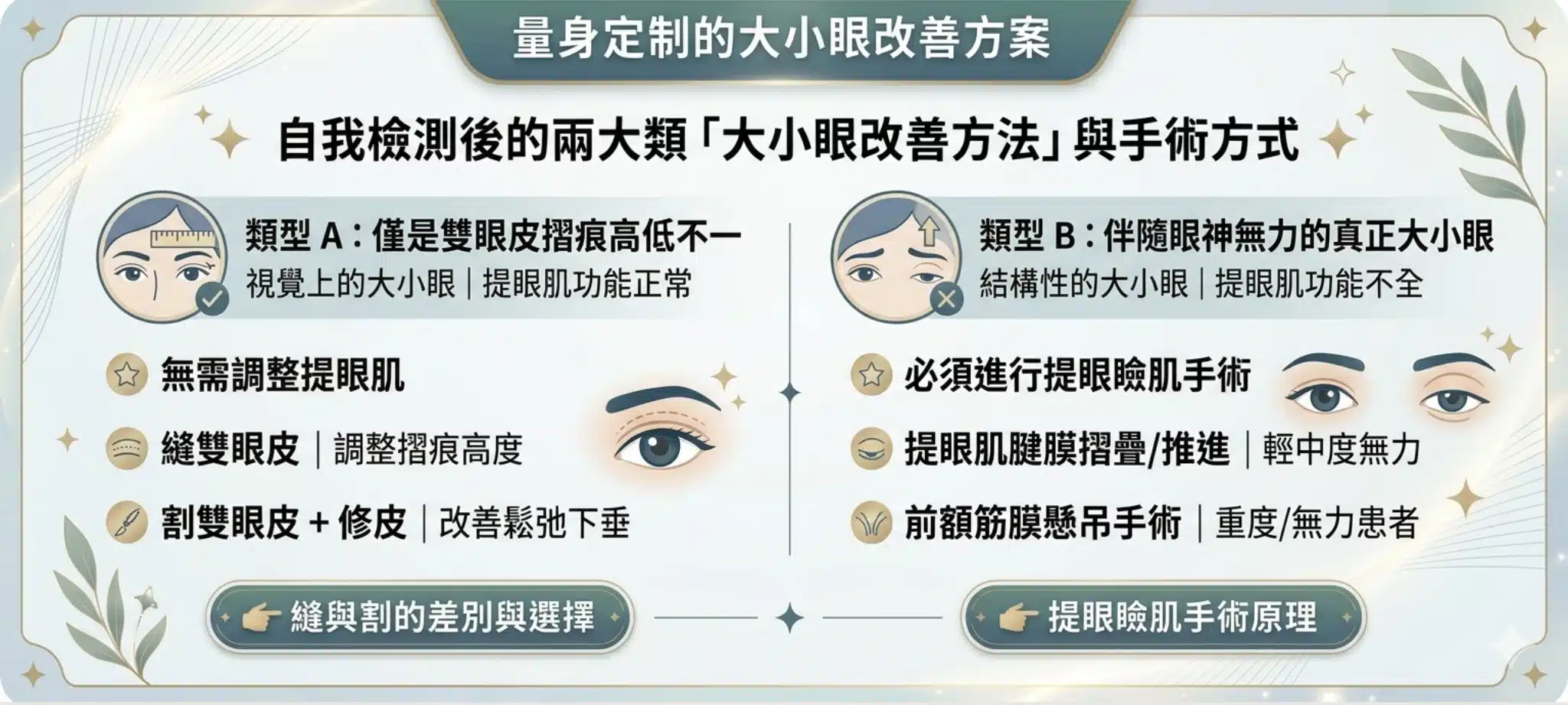 大小眼怎麼辦?整形外科醫師教你自我檢測:是雙眼皮摺痕不對稱,還是提眼瞼肌無力? 2 不同的大小眼成因有不同的改善方案