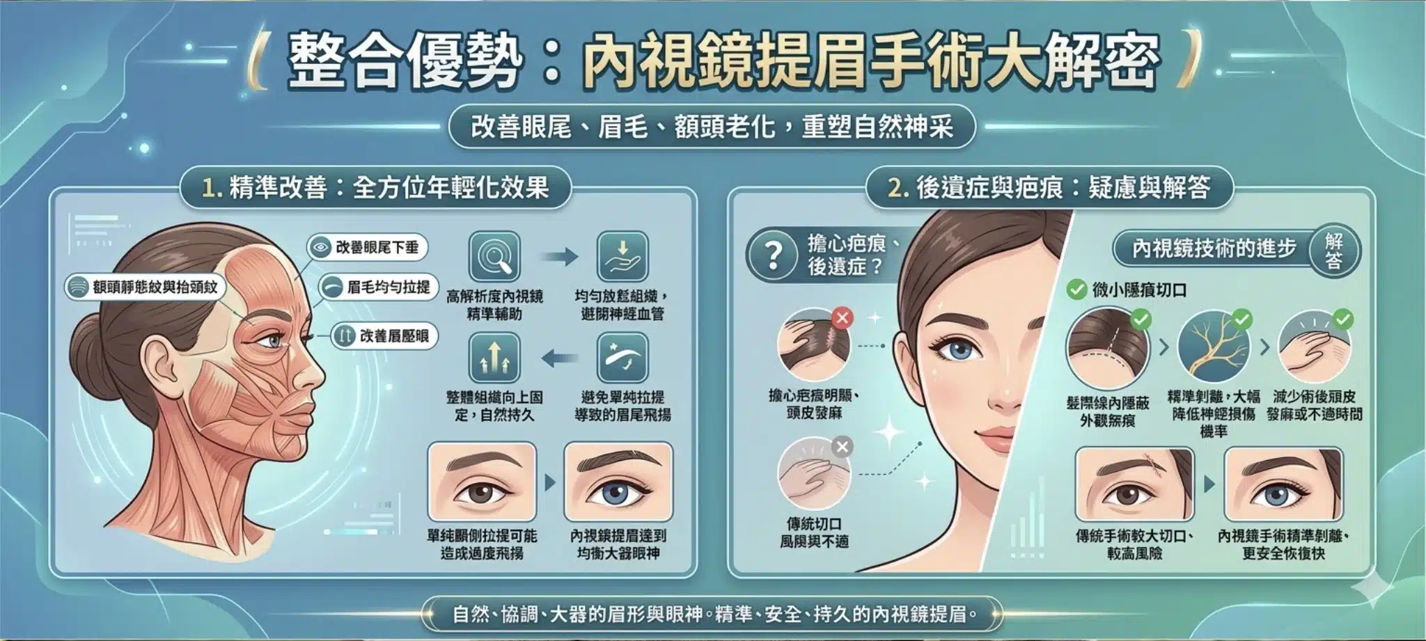 眼尾下垂顯老又無神?醫師解析3大眼尾下垂原因與改善眼尾下垂醫美手術(眉下切皮、顳側拉提、雙眼皮手術完整比較) 4 內視鏡提眉可以將眉毛整體上拉改善眼尾下垂