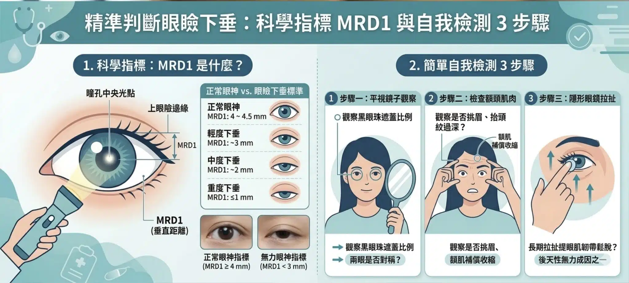 大小眼怎麼辦?整形外科醫師教你自我檢測:是雙眼皮摺痕不對稱,還是提眼瞼肌無力? 1 判斷眼瞼下垂要認識MRD1